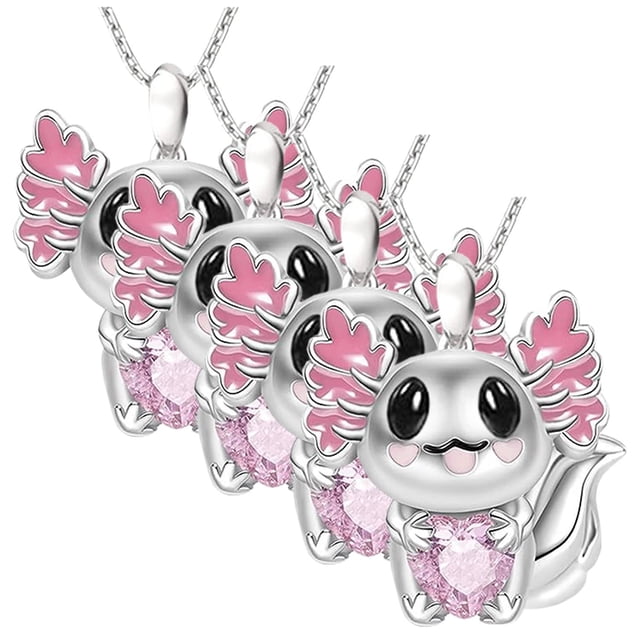 Collar y Dije de Animales AxolotlNeck03 4 Pzas Collar Ajolote/Corazón Plata/Rosa Metal. High Monaco MXAXK-004