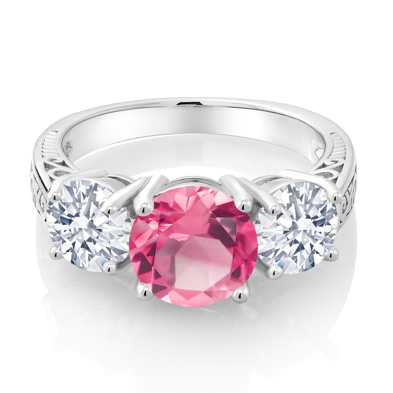 Gem Stone King 5.00 Cttw Pink Mystic Topaz 3-Stone Engagement Ring for Women | 925 Sterling Silver | Round 8MM and 6MM | Three Stone Wedding Engagement Anniversary Promise Ring for Women | Size 5