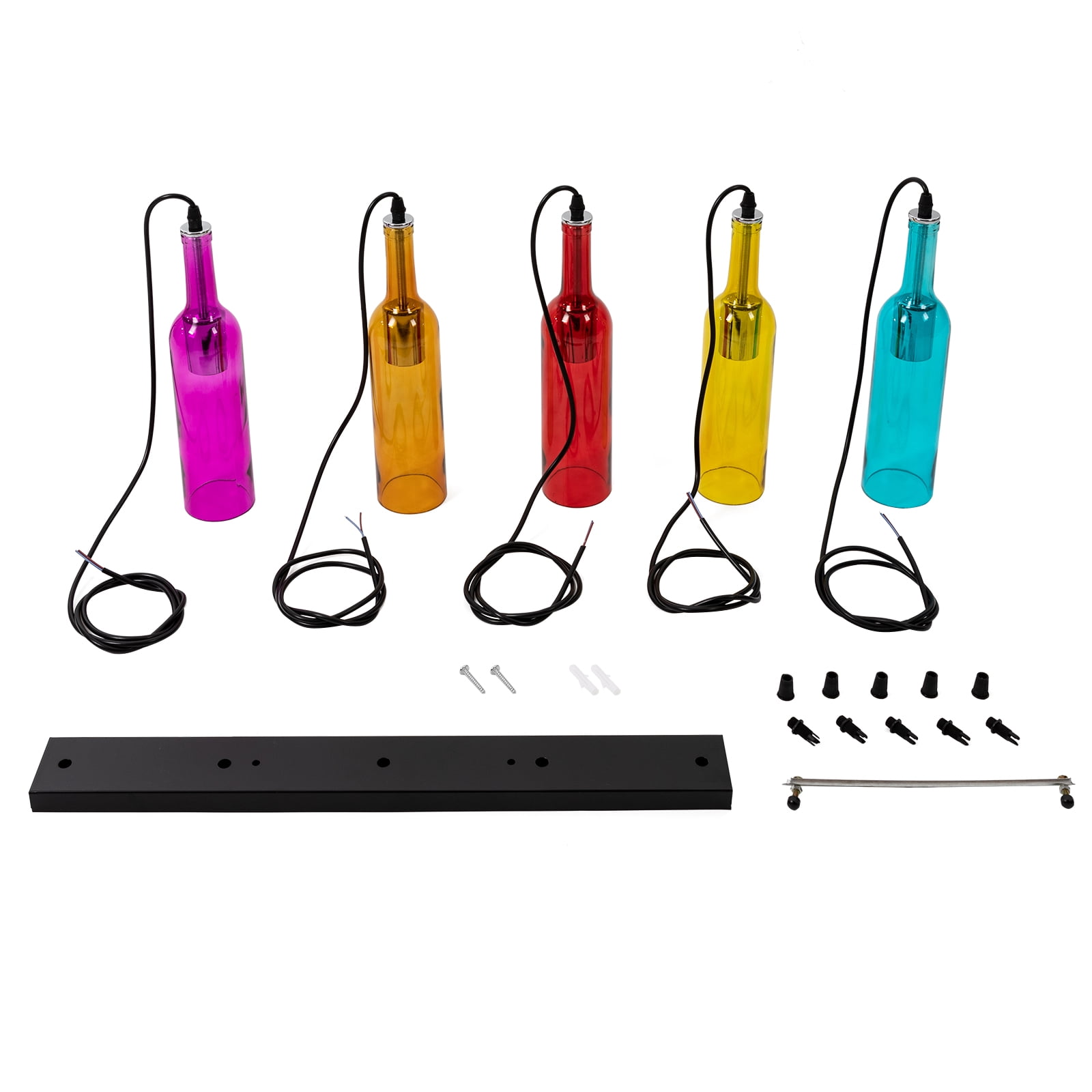 5-Light Kitchen Island Linear Pendant Light with Glass Colored Shade, Modern Wine Bottle Chandelier, Adjustable Height