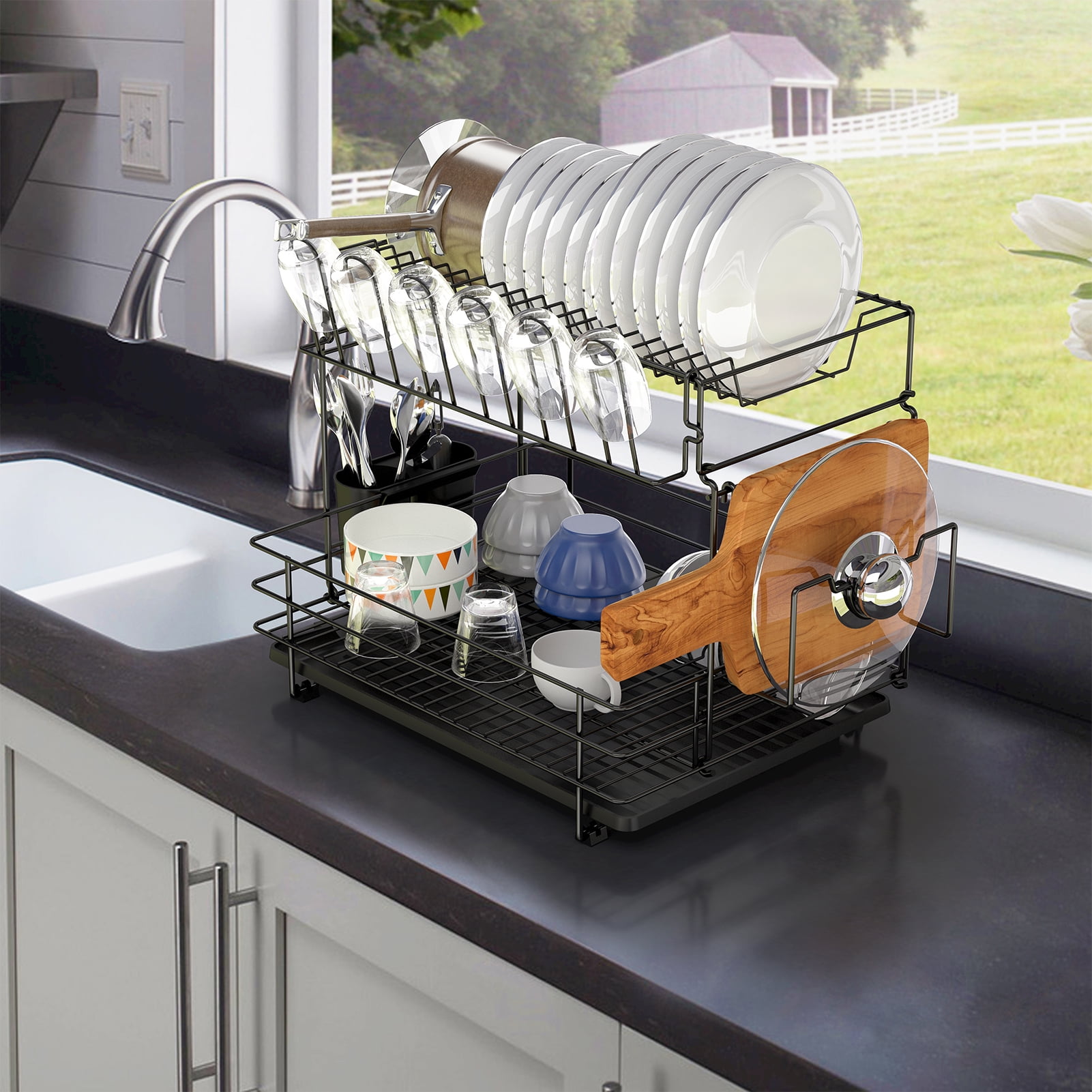 Auledio 2 Tiers Dish Drying Rack with Filter Tray Durable Kitchen Sink Organizer-Black