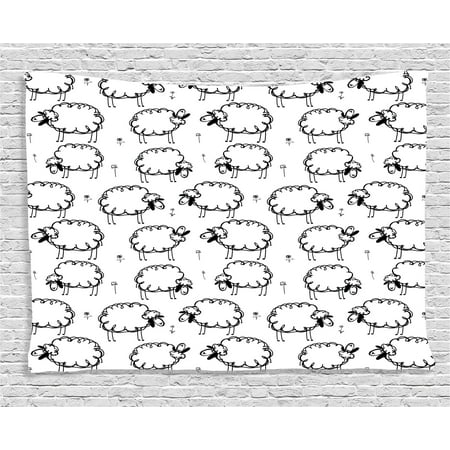 Sheep Tapestry - Home Decor Tapestry, Funny Sheep Patterns on Meadow with Flower Comic Doodle Playroom Kids Print, Wall Hanging for Bedroom Living Room Dorm Decor, 80W X 60L Inches, Balck White, by Ambesonne