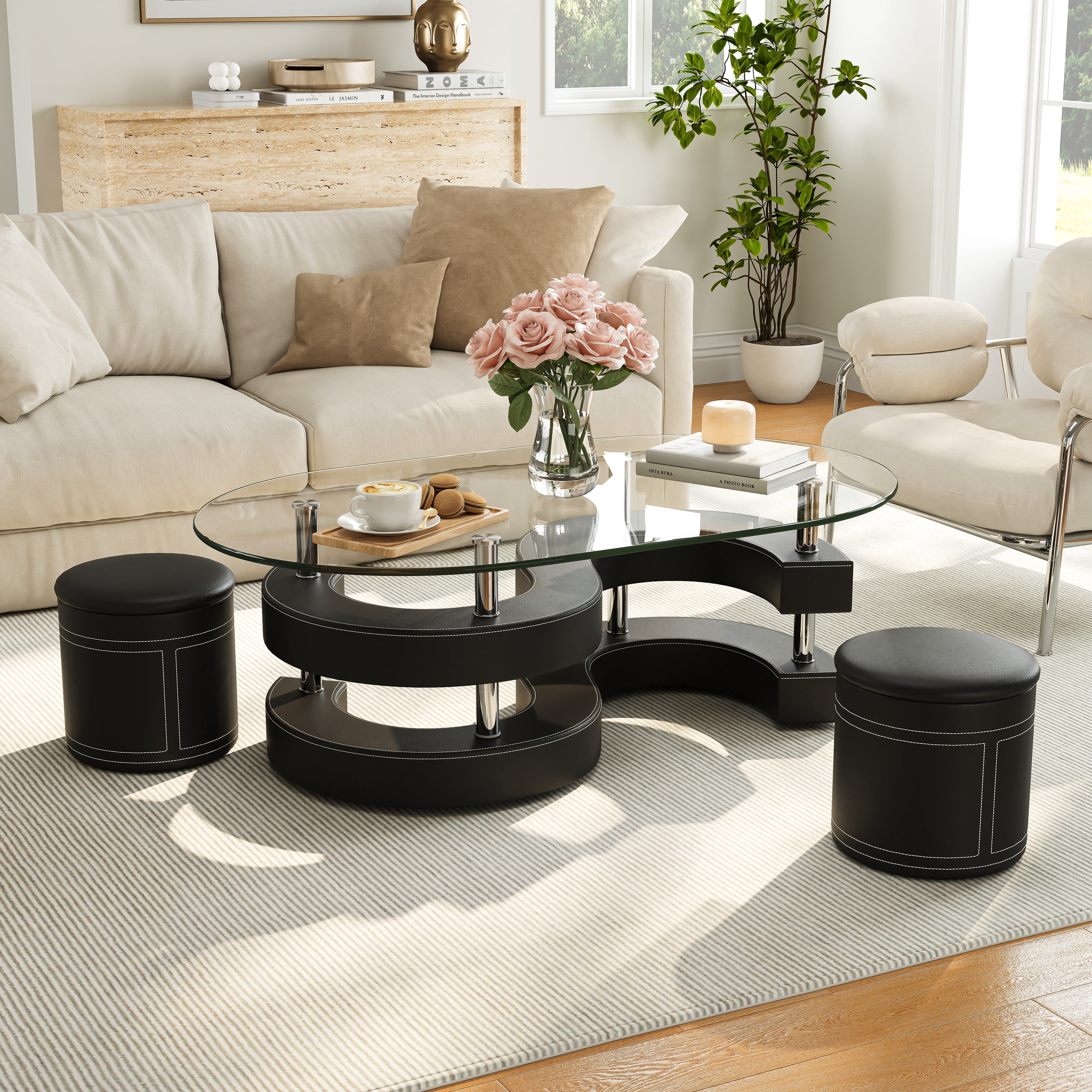 3 Pieces Coffee Table Set, 0.39" Tempered Glass Top and S Shape Base, Oval Modern Coffee Table with 2 Leather Stools, Accent Coffee Table for Living Room Bedroom
