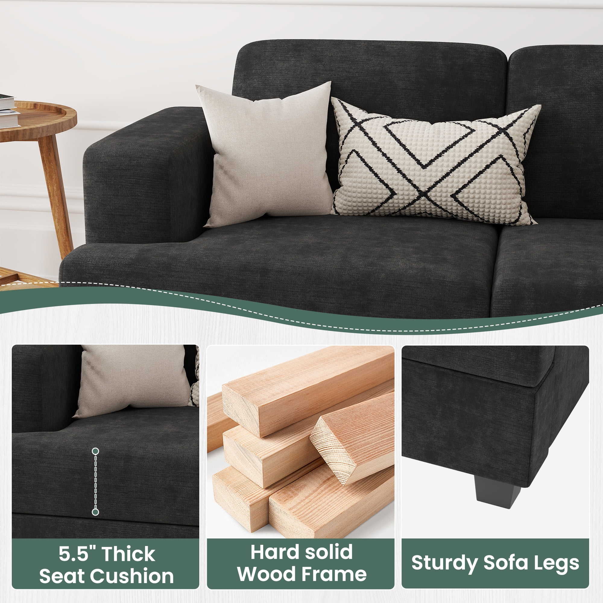YOUDENOVA 89 Inch Sofa Couch, Modern 3-Seater Sofa for Living Room, Modern Sleeper Couches Deep Seat Sofa Lounge for Apartment, Black Chenille