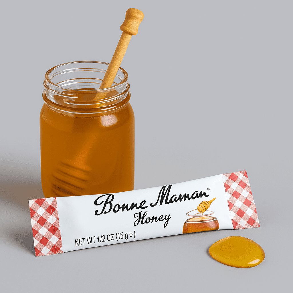 Bonne Maman Honey Sticks deliver natural sweetness in convenient portion packs. Each 0.5 oz stick is perfect for tea, coffee, oatmeal, pancakes, travel, and restaurants.