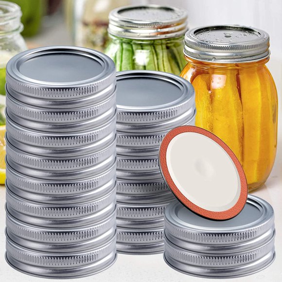 Ensemble de 24 Couvercles et Anneaux de Mise en Conserve à Ouverture Régulière pour Pots à Bille, Pots Kerr à Type Séparé en Métal de Qualité Alimentaire, Couvercles et Bandes pour Pots Mason de Mise en Conserve, Compatibles avec la Marinage pour Petits Pots à Ouverture (70 mm, Argent, Couvercles + Bandes)