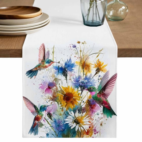Table Runner 36 Inches Long for Kitchen Dining, Hummingbird Dresser Scarf Farmhouse, Dining Table Decorations for Wedding/Parties, Spring Farmhouse Oil Painting Sunflowers 13 x 36 In