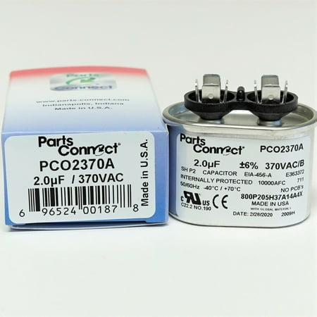 

PartsConnect PCO2370A USA Run Capacitor 2 mfd (uf) 370 Volt Oval American Made PartsConnect PCO2370A