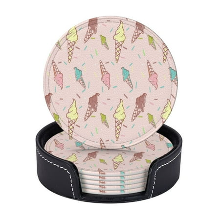 

Colorful Melting Ice-cream Coasters With Leather Holder Set Of 6 Round Coasters for Home and Kitchen Decor