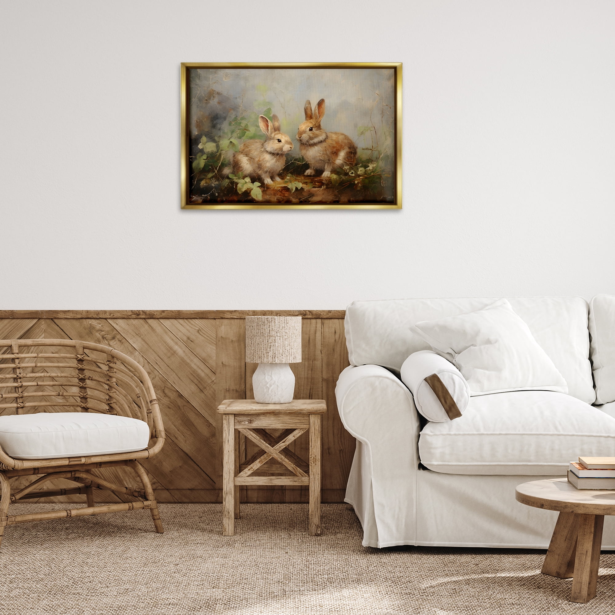 Stupell Industries Wild Rabbits in Nature Animals & Insects Painting Gold Floater Framed Canvas Art Print Wall Art, 31 x 21