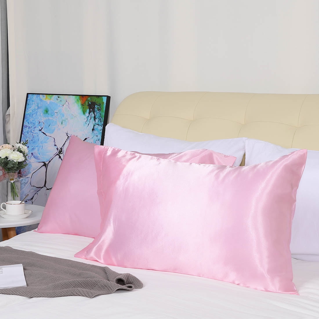 Unique Bargains 4 Pack Satin Pillowcases with Envelope Closure Pink Standard