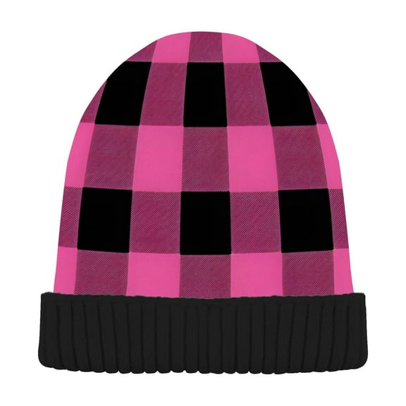 joogoo Pink Checkered Grid Pattern Beanie Hats Men Women Cuffed Skull Cap Winter Warm Knit Thick Beanies