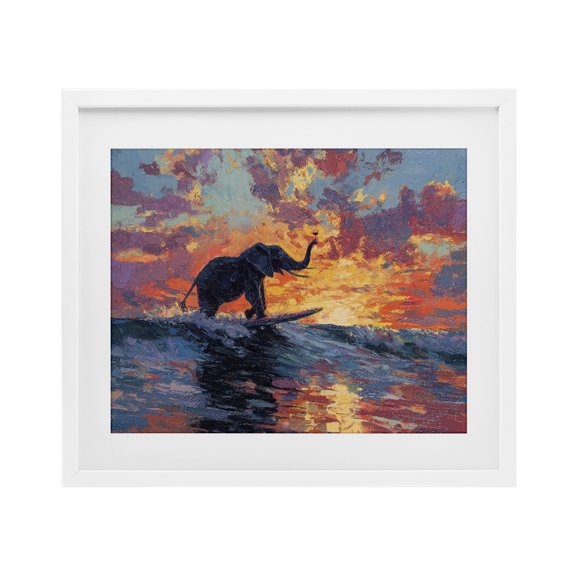 Stupell Industries Coastal Sunset Surf Elephant White Framed Print Under Glass, 16 x 13, by Ziwei Li
