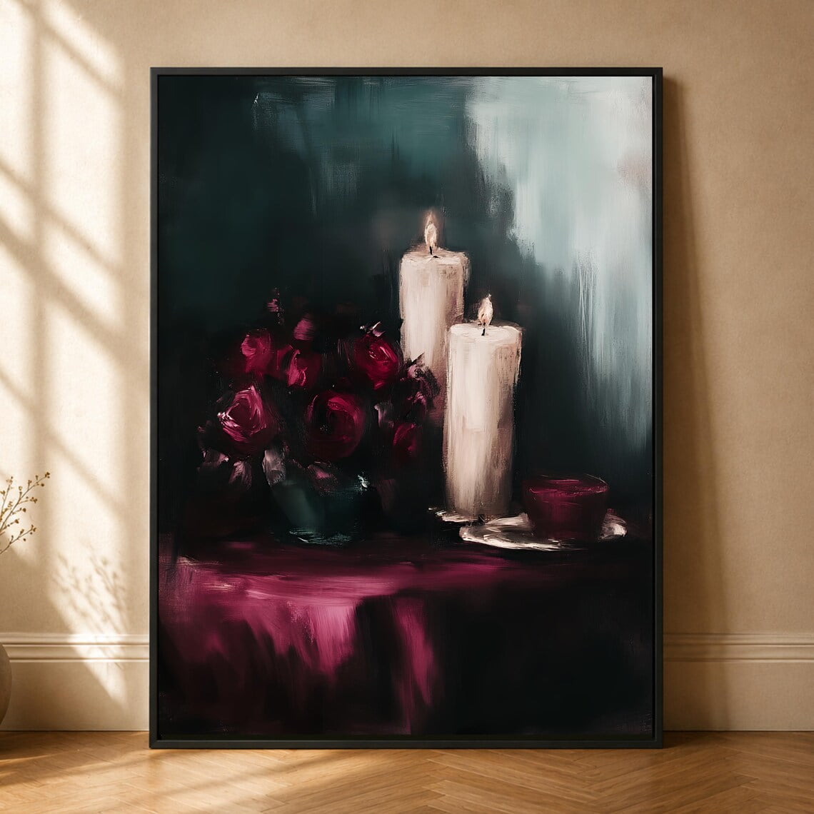 Moody Candle Still Life Dark Rose Floral Romantic Wall Art Poster