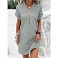 thumbnail image 4 of Summer Dresses for Women 2025 Casual Button V Neck Short Sleeve Tunics A Line Ribbed Mini T Shirt Dress Silver L, 4 of 7