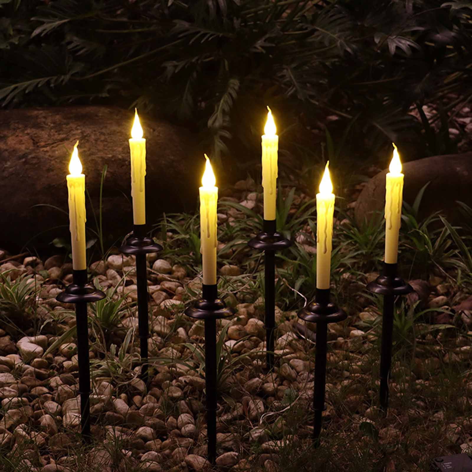 Outdoor Solar Powered LED Candle Pathway Lights with Ground Stakes Weather Resistant Design for Garden Yard Walkway Decoration Set of 6