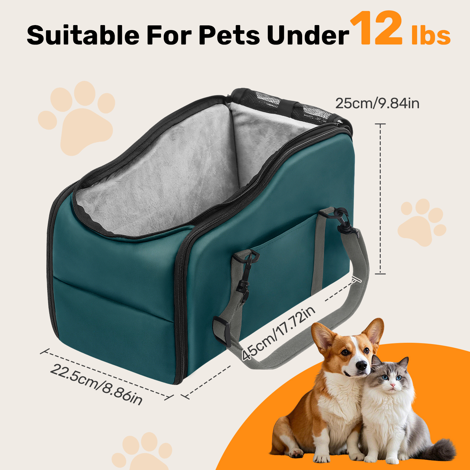 Pet Booster Seat For Cars, Dog Car Carrier With Safety Harness, Portable Travel Vehicle Pet Bed for Small Dogs, Cats Easy-Clean & Sturdy Construction, Green