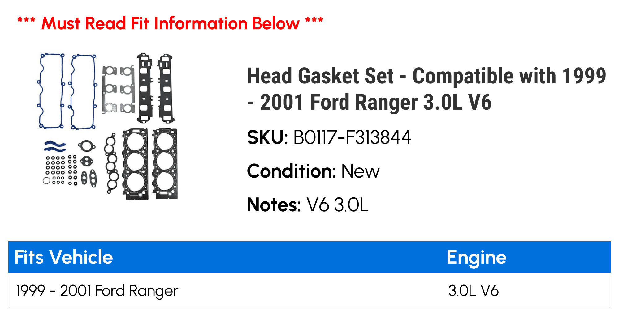 Head Gasket Set - Compatible with 1999 - 2001 Ford Ranger 3.0L V6 2000