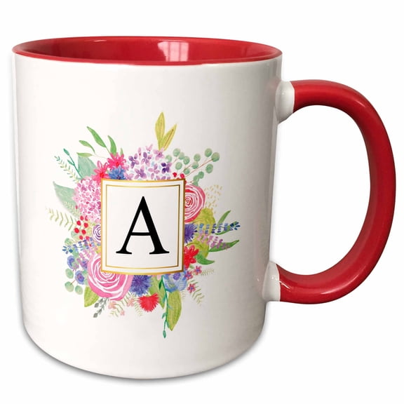 3drose, Floral Letter a Watercolor Pink Flowers Monogram Personal Initial A, 15oz Two-tone Red Mug