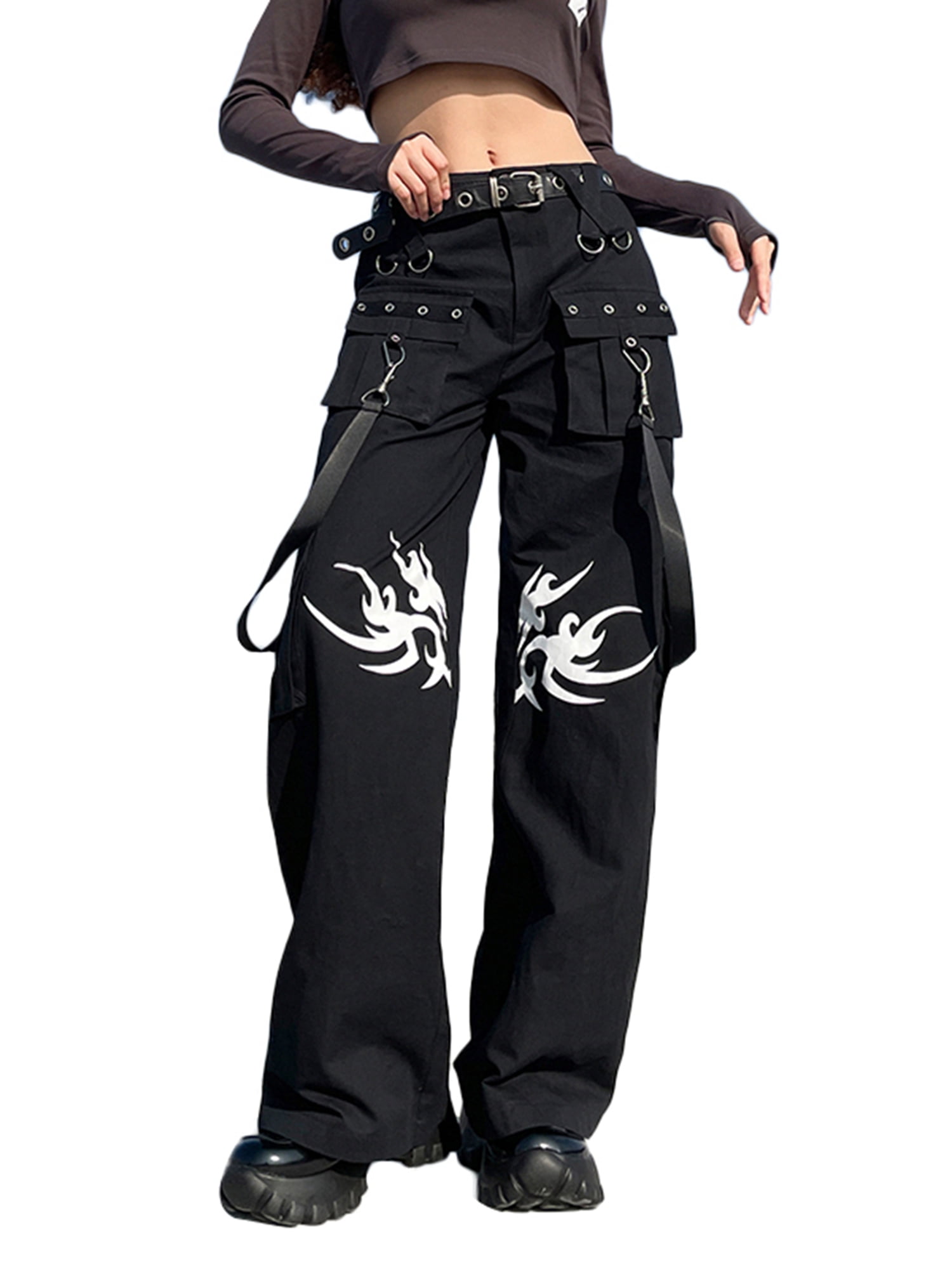 Peyakidsaa Women Cargo Pants Goth Baggy Jeans Wide Leg Gothic Pants ...