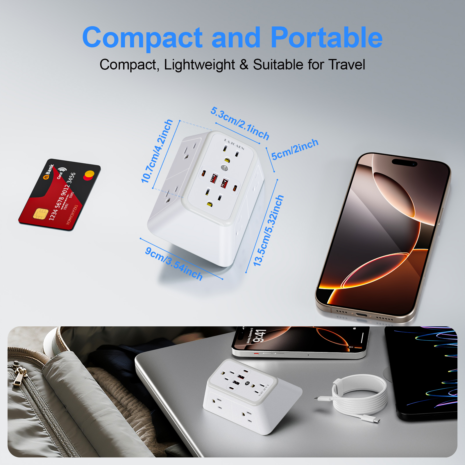 Lajcaen 6-Outlet Surge Protector with 4 USB Ports, White photo 3