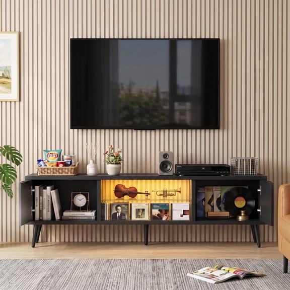 Homieasy Fluted 55'' TV Stand for TVs Up to 60'', Modern Entertainment Center with Charging Station, LED Lights & Cabinets for Living Room, Black