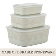 The Pioneer Woman Vintage Lace Ceramic Casserole Dish Set, Nesting Baking Dish with Lid, Linen, 6-Piece Set