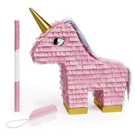 Pink Unicorn Pinata Bundle with a Blindfold and Bat ― Hand Made Extra Small Sized Pinata For Birthday Parties, Kids Carnival and Related Events ― Small Pinata Holds Up to 2 lbs of Candy