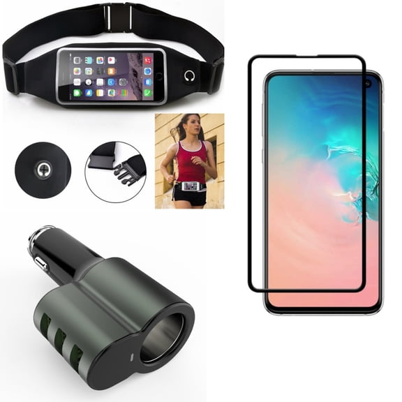 Galaxy S10e Running Waist Bag w Screen Protector w Car Charger - Belt Band Sports Gym Workout, Tempered Glass 5D Curved Edge, 25W 3-Port USB 5.1Amp for Samsung Galaxy S10e Phone