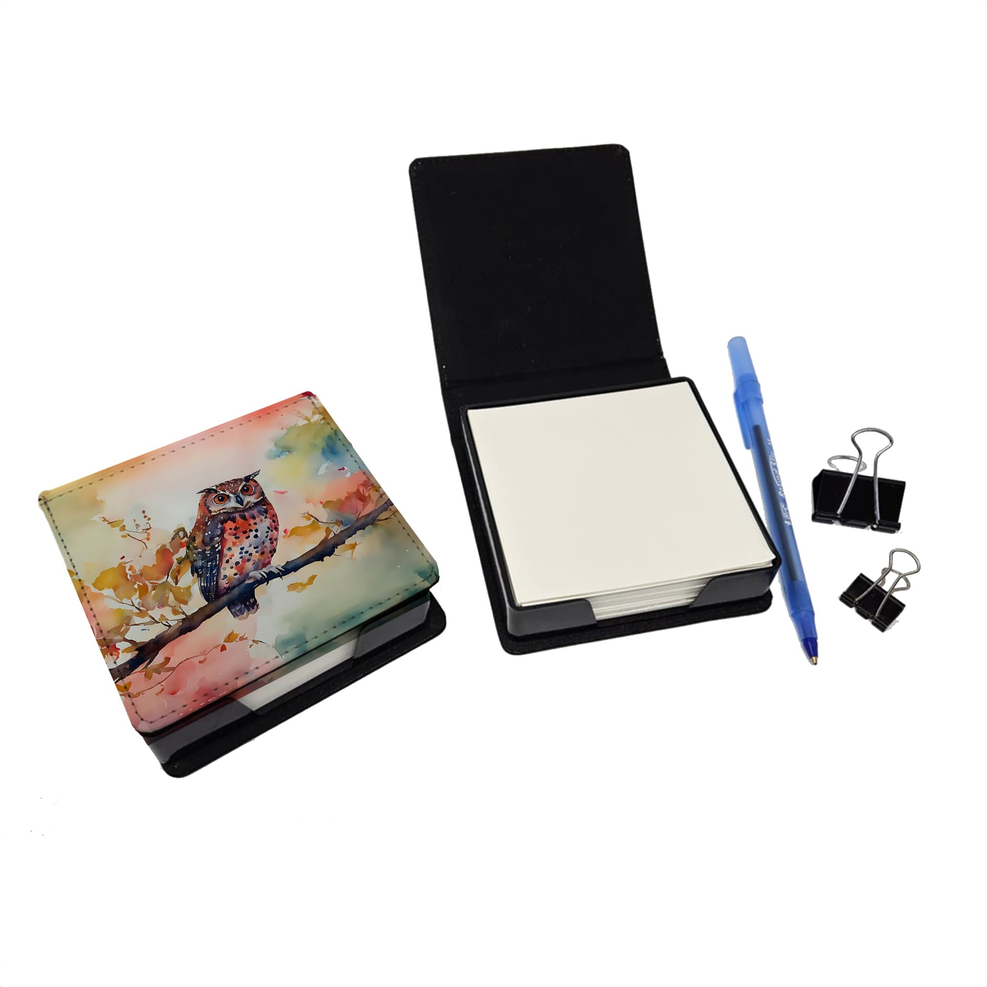 Caroline's Treasures Elf Owl PU Leather Note Paper Holder with Artist-Designed Cover, Desk Accessory, Office Gift