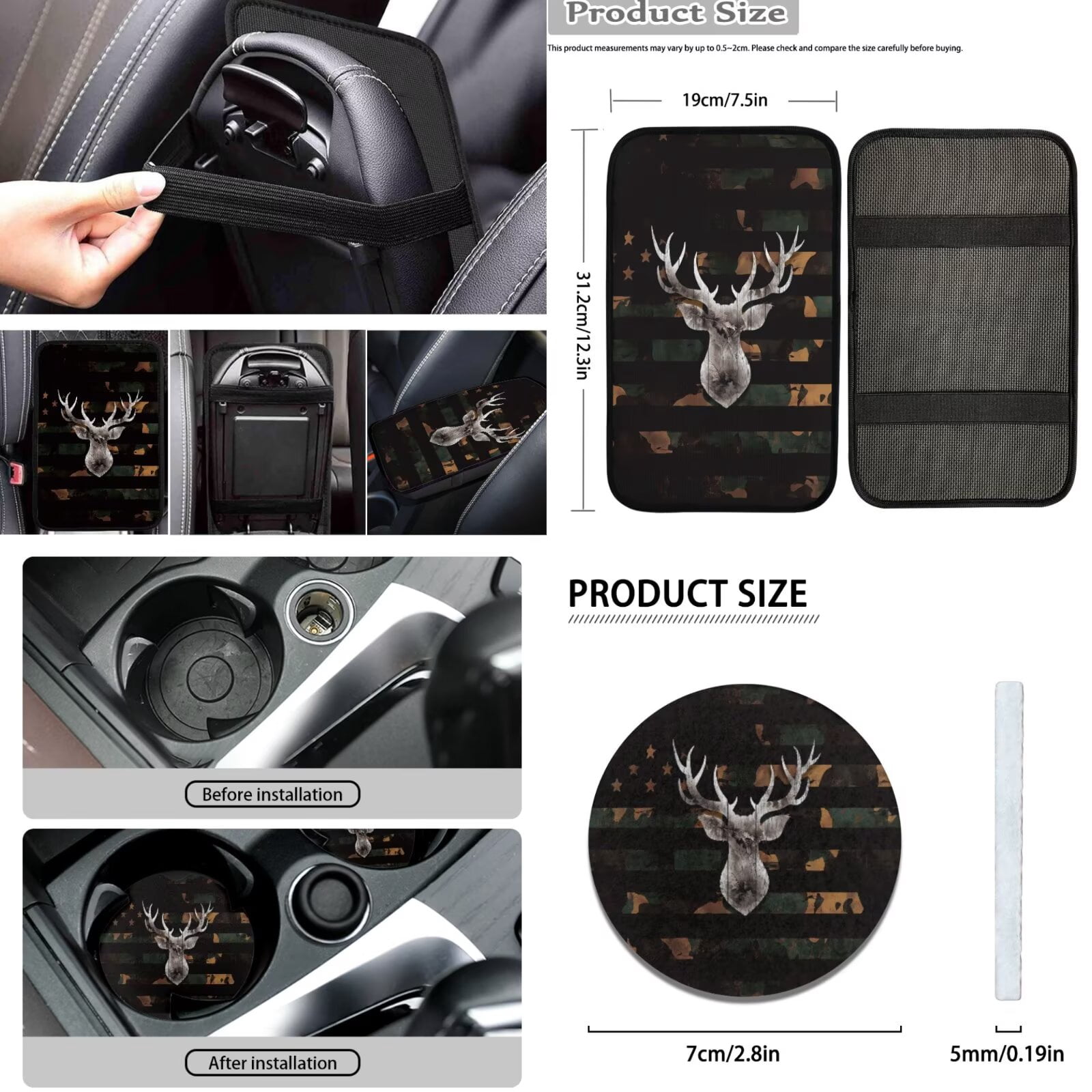 FKELYI American Flag Antler Print Car Seat Covers with Steering Wheel Cover Auto Center Console Pad Seat Belt Pads Head Rest Covers Gear Shift Cover Hanbrake Cover, 16 Piece Interior Decor