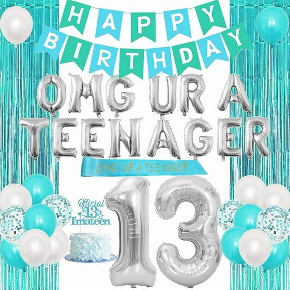 Teenager Birthday Party Decorations 13th Birthday Decorations for Girls Teal Blue Omg Ur A Teenager Balloon Sash Sweet 13 Happy Birthday Banner Cake Topper Foil Tinsel Curtain