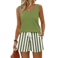thumbnail image 2 of Striped Outfits for Women 2 Piece Sets Sleeveless Square Neck Tank Tops and Beach Shorts Set Loungewear Sets,Green,S, 2 of 9