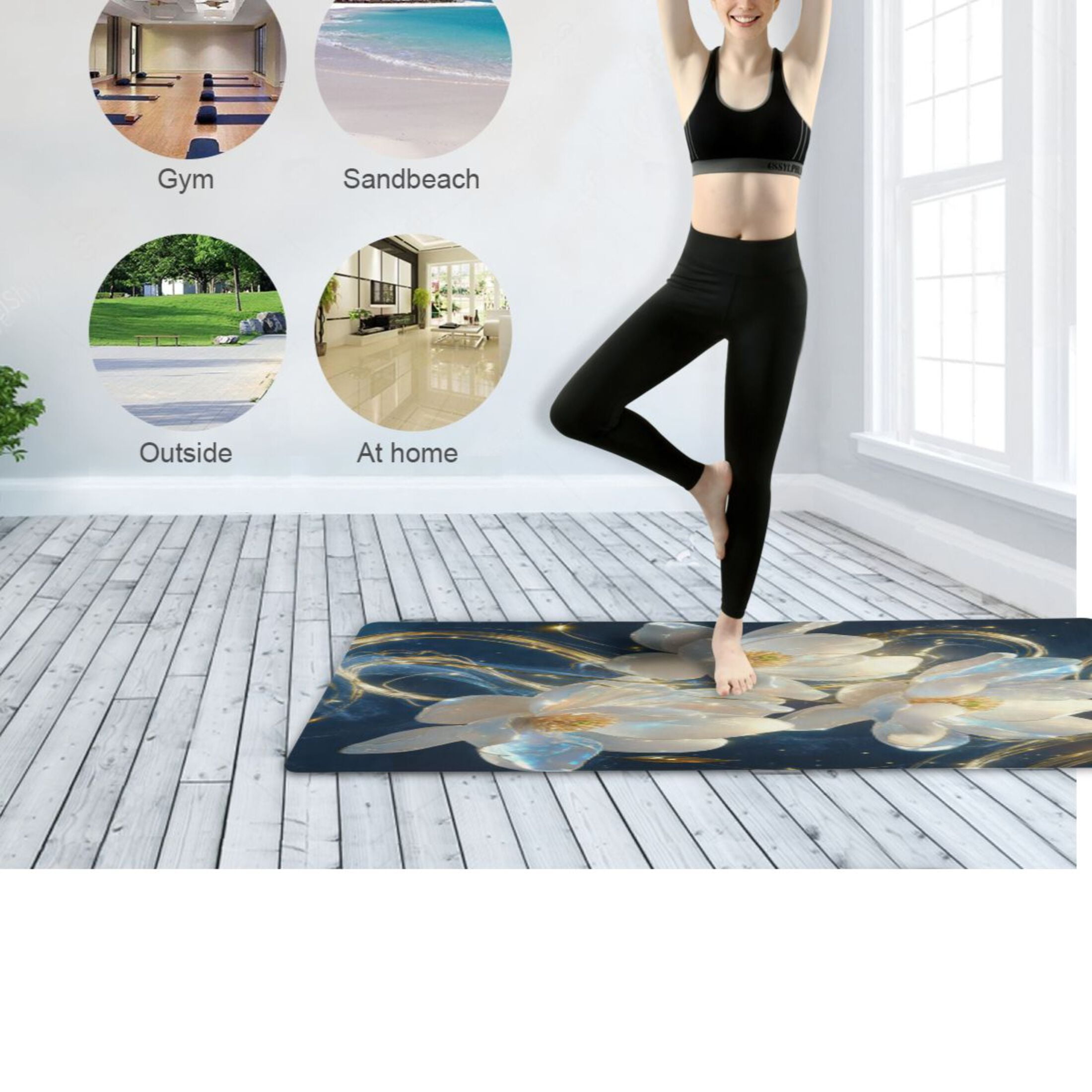 BZSMCE Yoga Mat Women Fitness Mat White Lotus with Golden Aura Pattern