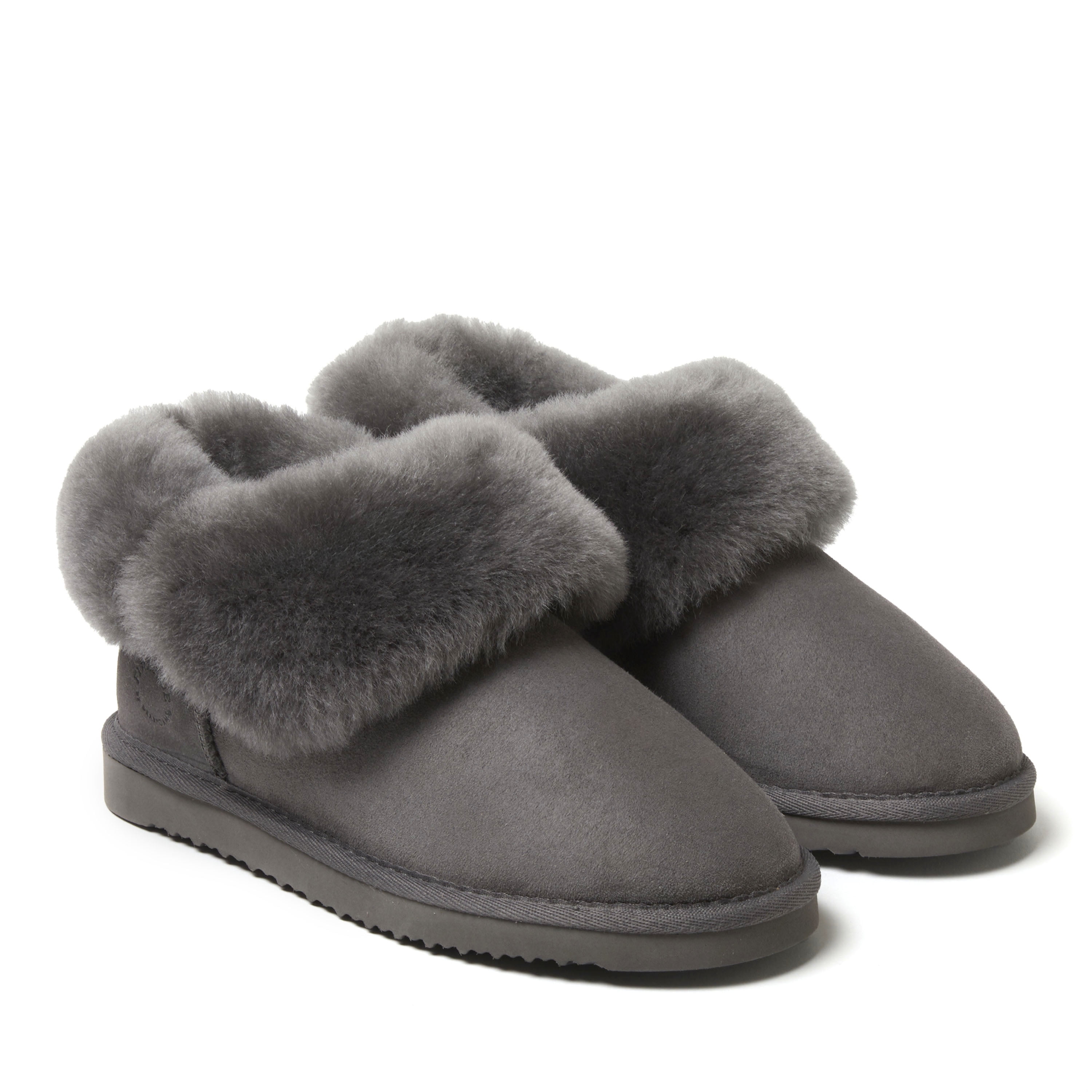 Dearfoams Women's Fireside Shearling Boot Slippers — Water-Resistant, Foldover Style, Genuine Australian Sheepskin, Size 9, Fig Color