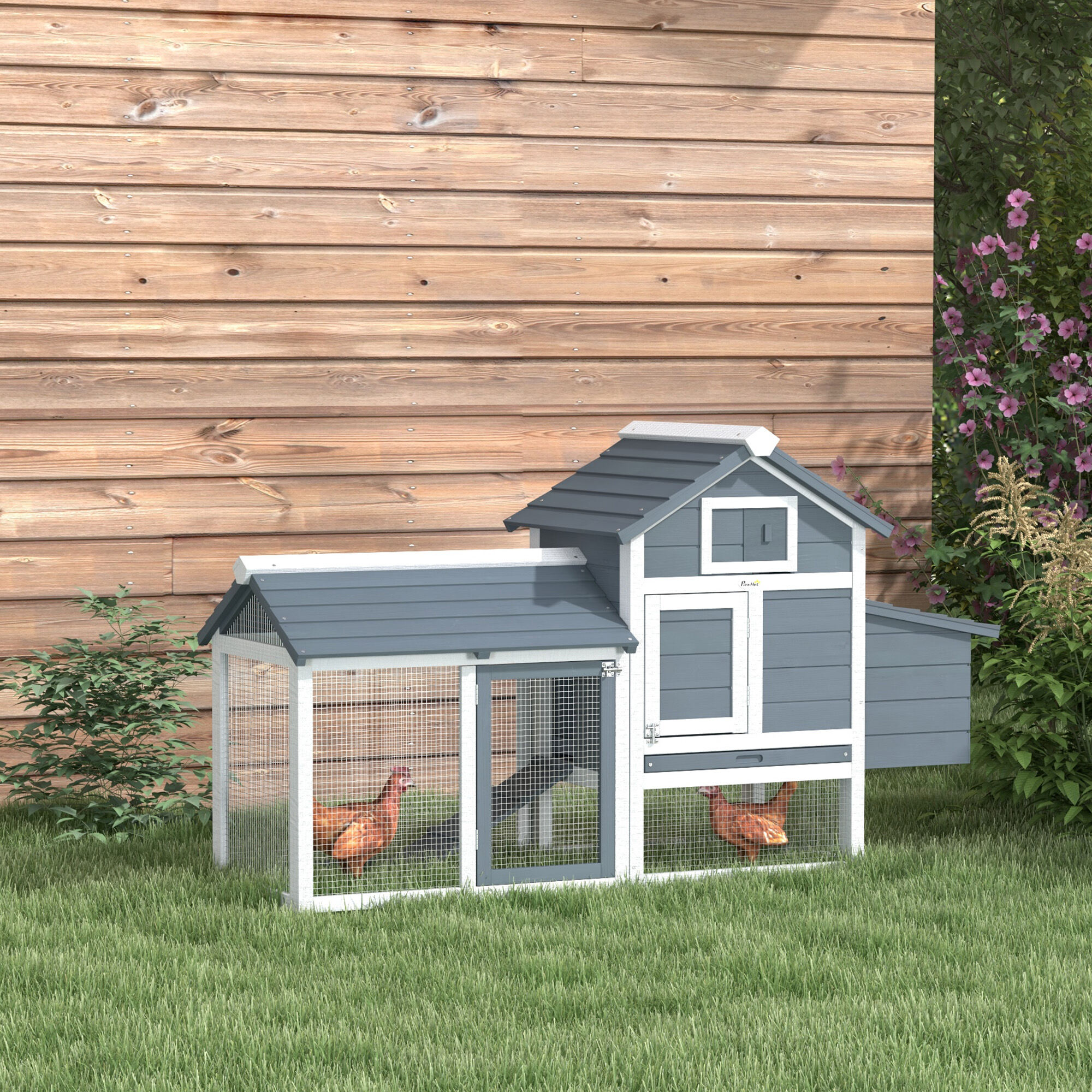 Dog Crate, PawHut 59" Small Wooden Chicken Coop Hen House Poultry Cage for Outdoor Backyard with 2 Doors, Nesting Box and Removable Tray, White, White Pet Playpen,Wood Chicken Coop