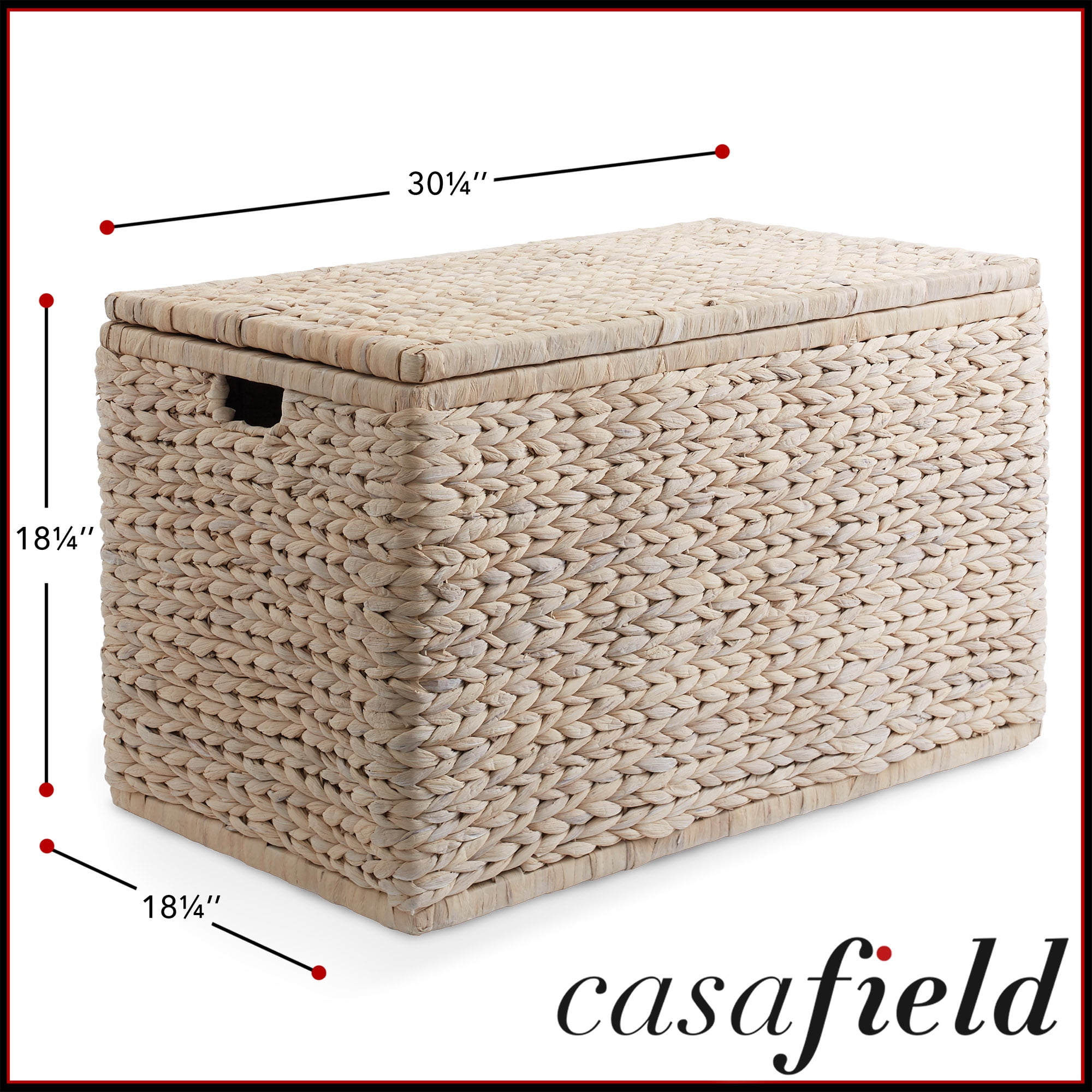 Casafield 30" Storage Chest with Lid, Handles, Safety Hinge - Whitewash White, Water Hyacinth Wicker Storage Trunk for Bedroom, Entry Way, Living Room