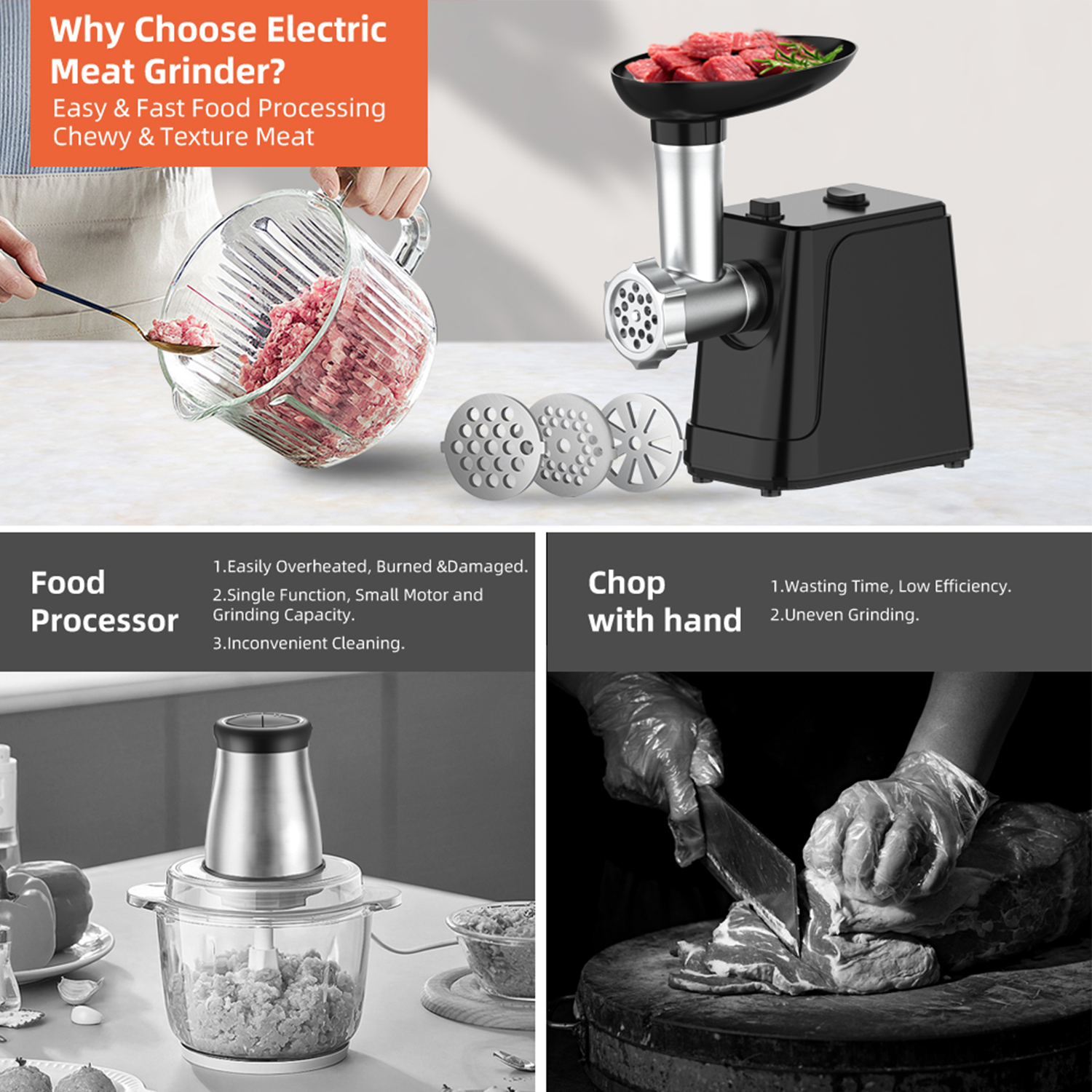Electric Meat Grinder & Sausage Maker, 3000W Max Heavy Duty Stainless Steel Meat Mincer Machine Food Processor with 3 Blades,3 Plates,1 Meat Claw,Sausage Stuffer Tube & Kubbe Kit for Home Kitchen Use