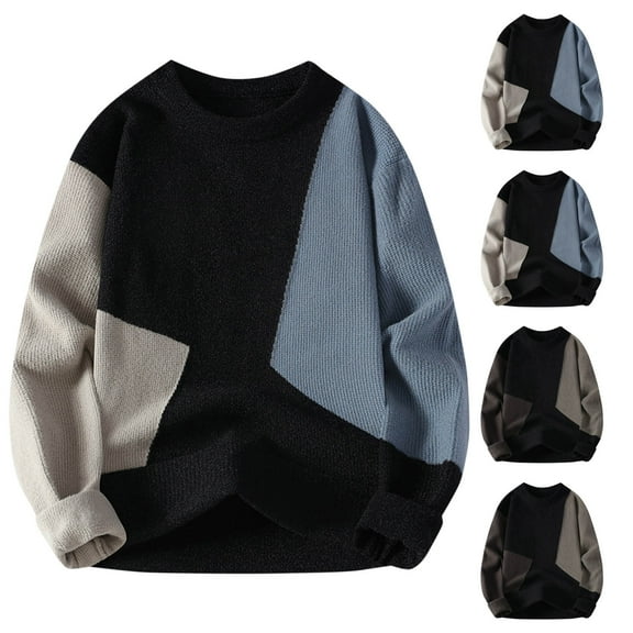 YHAJDS Men's Winter Casual Sweaters,Knitted Sweater Men Mens Long Sleeve Sweater Color Block Fleece Crew Neck Casual Sweaters for Men Warm Winter Soft Knit Pullover Top