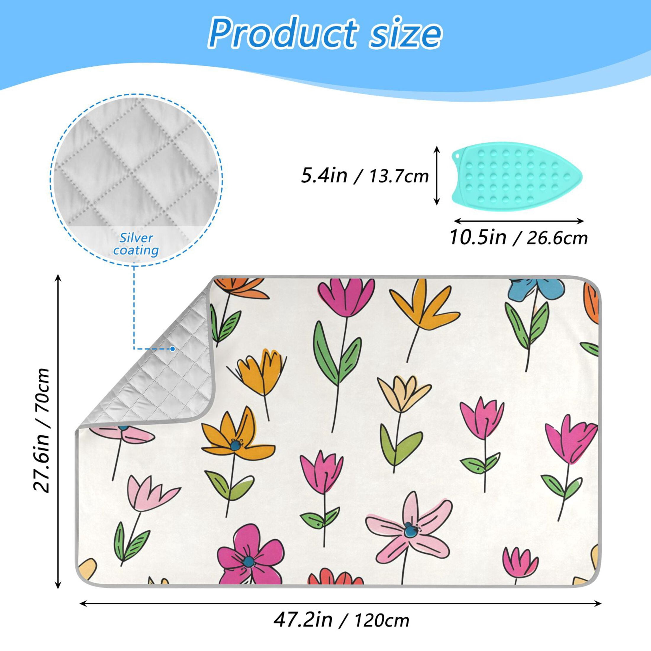 Colorful Florals Cartoon Doodle Style Ironing Mat Blanket Portable Travel Ironing Pad Heat Resistant Pad 47.2" x 27.6”