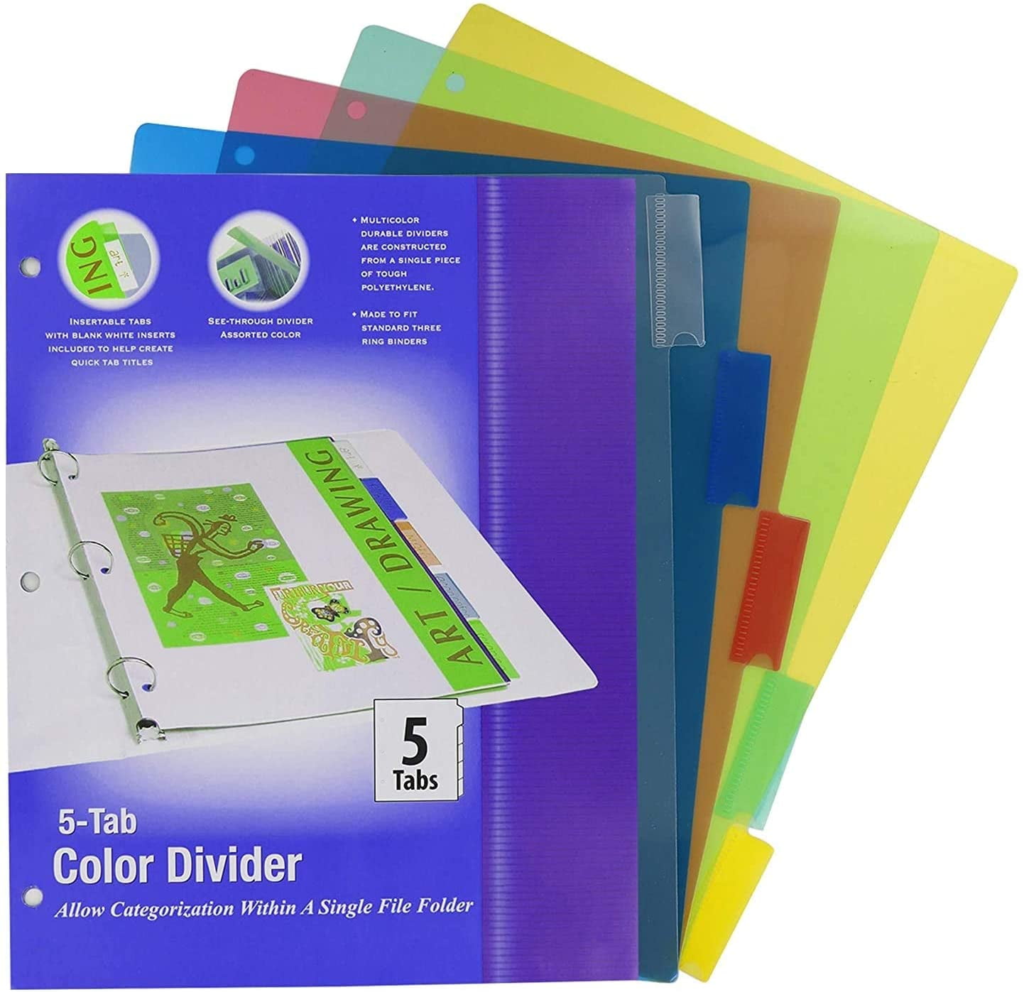 3 Ring Binder Dividers with 5 Insertable Color Tabs with Blank White Inserts Included for School, College, Kids and Adults â€“ School Supplies, Office Accessories (Pack of 4) - by Emraw