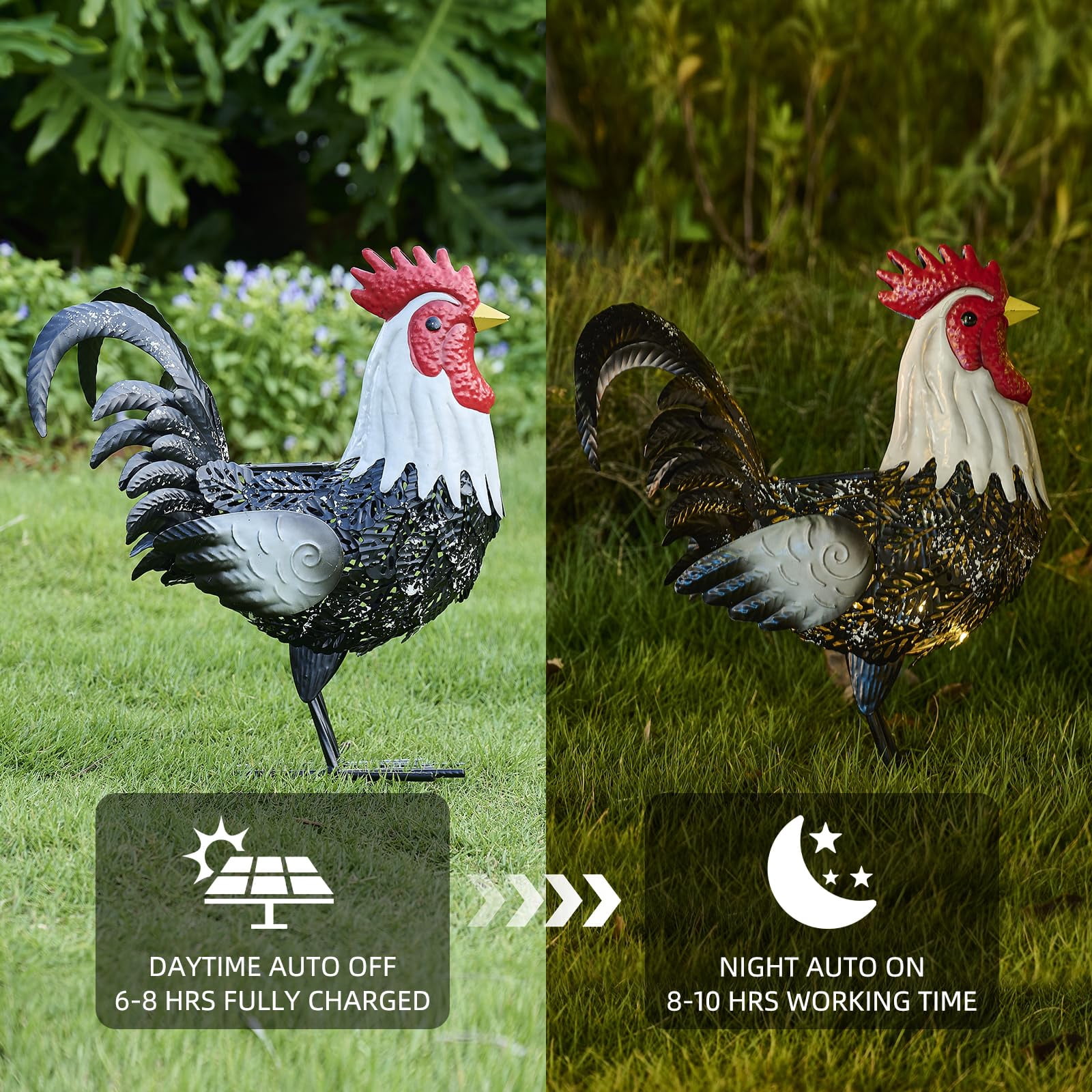 Metal Rooster Garden Decor — 15" Solar-Powered Outdoor Garden Statue, Metal Chicken Yard Art for Outdoor Porches, Patios, and Backyards