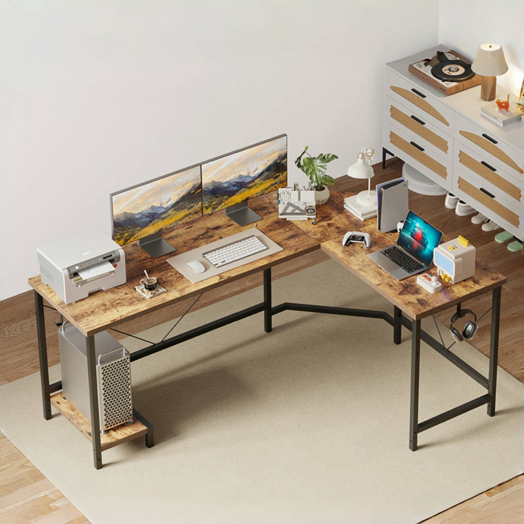 66.93 Inch L-Shaped Desk for Home Office, Corner Computer Desk for Workstations, Gaming Desk with Tower Shelf and Hooks,Rustic Brown