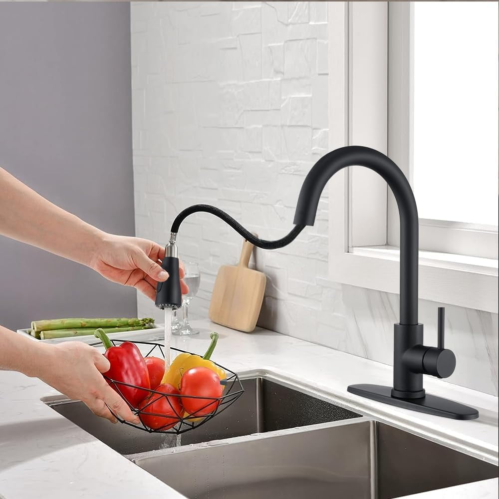 Matte Black Kitchen Faucets, Kitchen Faucets with Pull Down Sprayer, High Arc Single Handle Stainless Steel Sink Faucets 1 Holes, Kitchen Sink Faucets for Farmhouse Camper Laundry Rv Bar