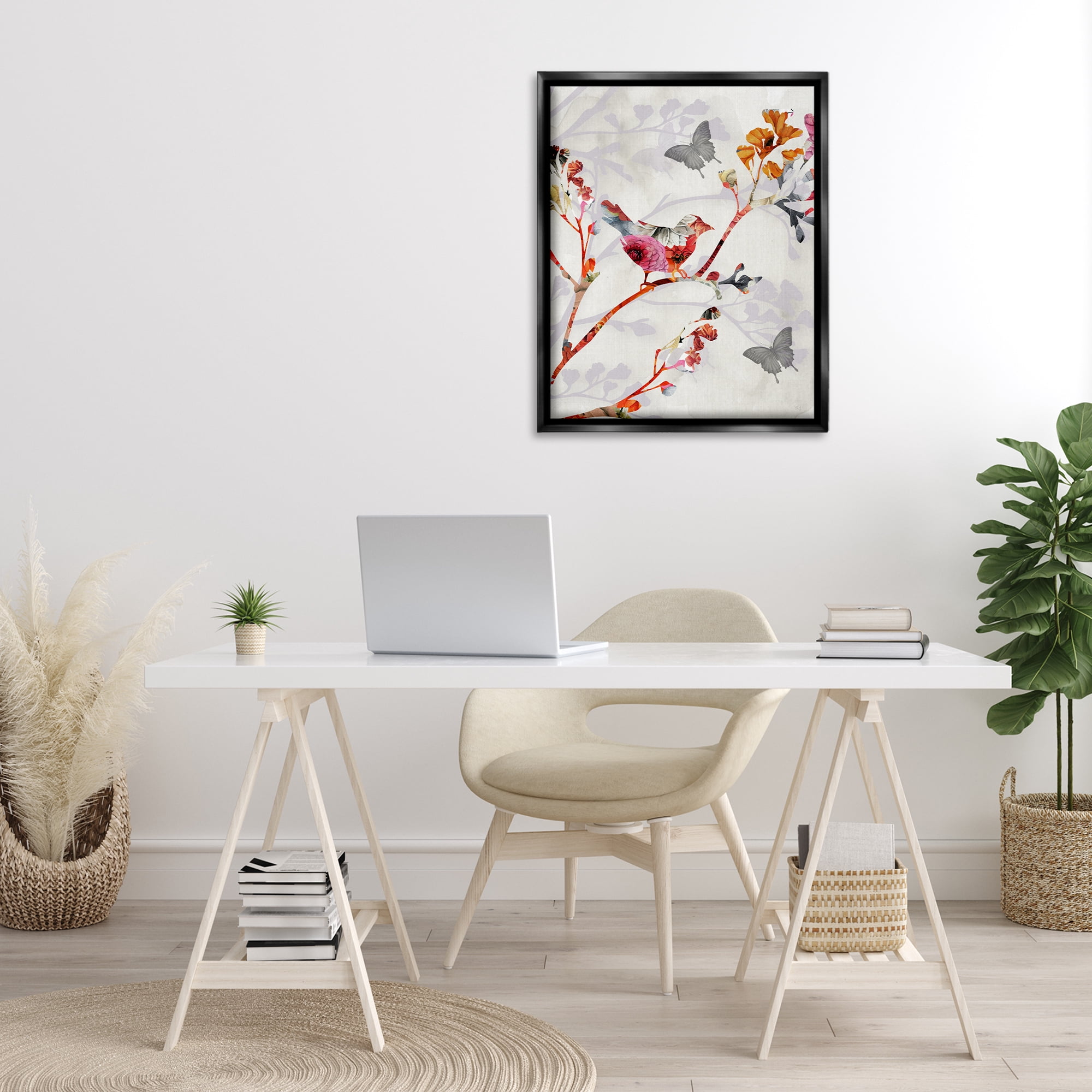 Stupell Industries Birds & Butterflies Nature Landscape Painting Black Floater Framed Canvas Art Print Wall Art, 25 x 31