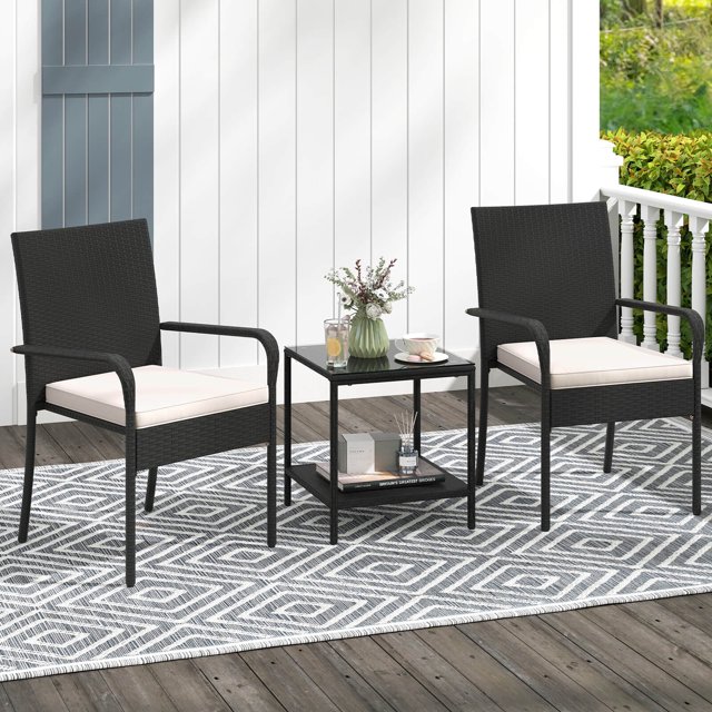 Costway 3 PCS Patio Furniture Set with 2-Tier Table Tempered Glass Tabletop & Soft Cushions White