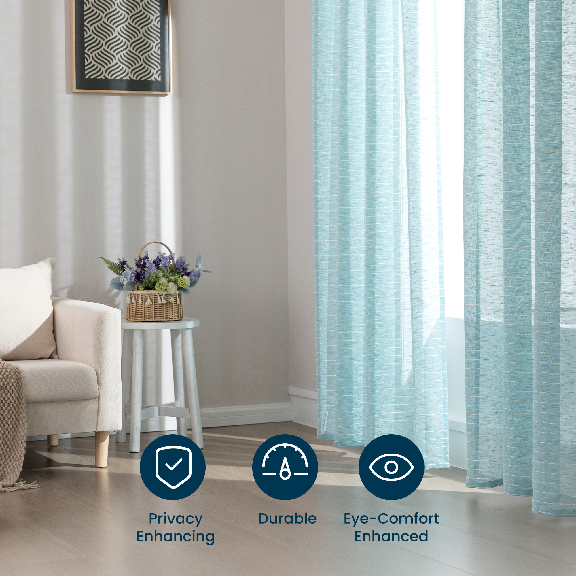 Sleep Zone Striped Jacquard Sheer Curtains Ocean Wave, Light Filtering Privacy and Elegant Drape Curtain Panels Living Room Bedroom 2 Panels, 52" x 84" Blue