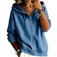 thumbnail image 2 of Women's Oversized Zip Hoodie Denim Jackets Casual Streetwear Long Sleeve Jean Tops Fall Winter Washed Coat Blue M, 2 of 6