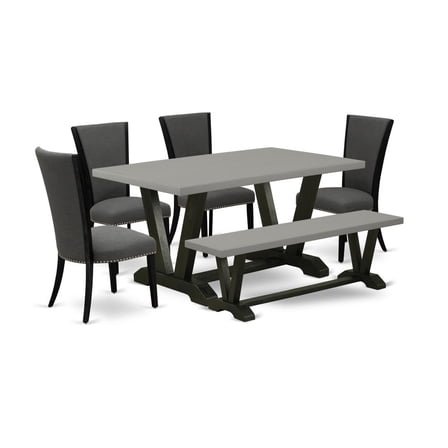 East West Furniture V696VE650-6 6 Piece Dining Room Set - 4 Dark Gotham Grey Linen Fabric Kitchen Chairs with Nailheads and Cement Wood Dining Table - 1 Mid Century Bench - Black Finish