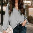 thumbnail image 2 of RQYYD Womens Solid Loose Fit Blouses Lantern Long Sleeve V Neck Elegant Casual Shirts Tops, 2 of 9