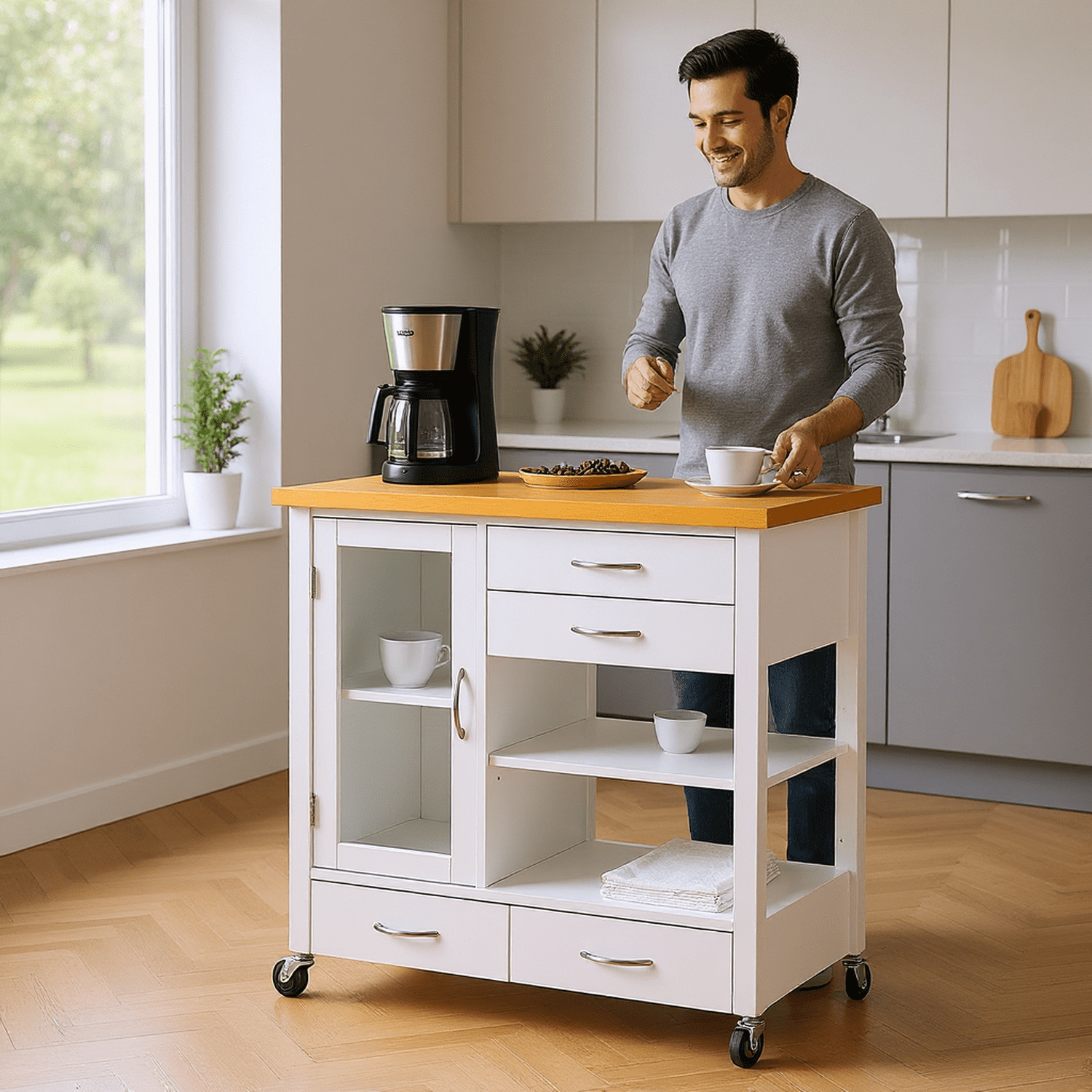 Homy Casa Kitchen Island Cart with Drawers, Shelves, and Glass Door, Rolling Storage Cabinet on Wheels